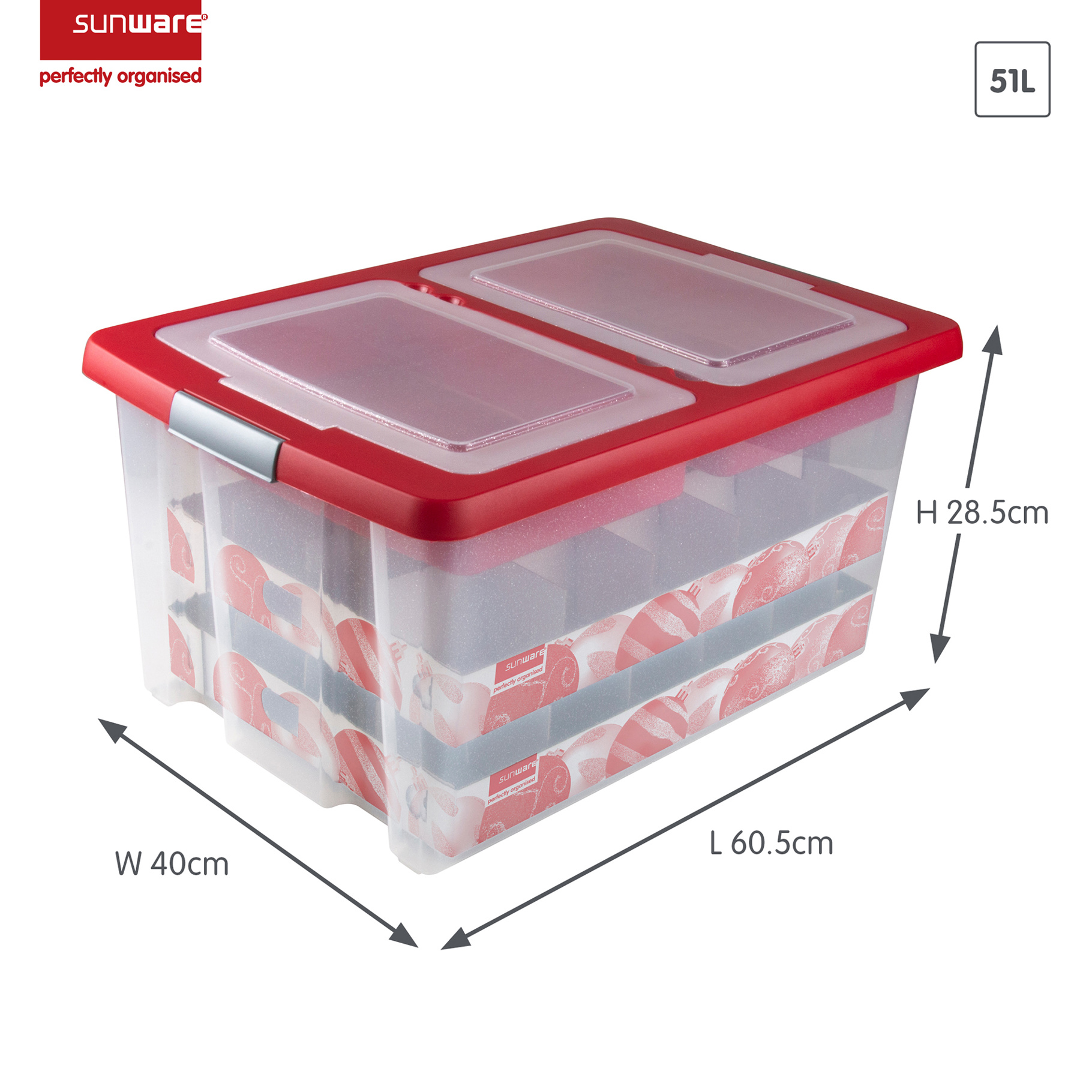 Nesta kerst opbergbox 51L met trays voor 40 kerstballen transparant rood