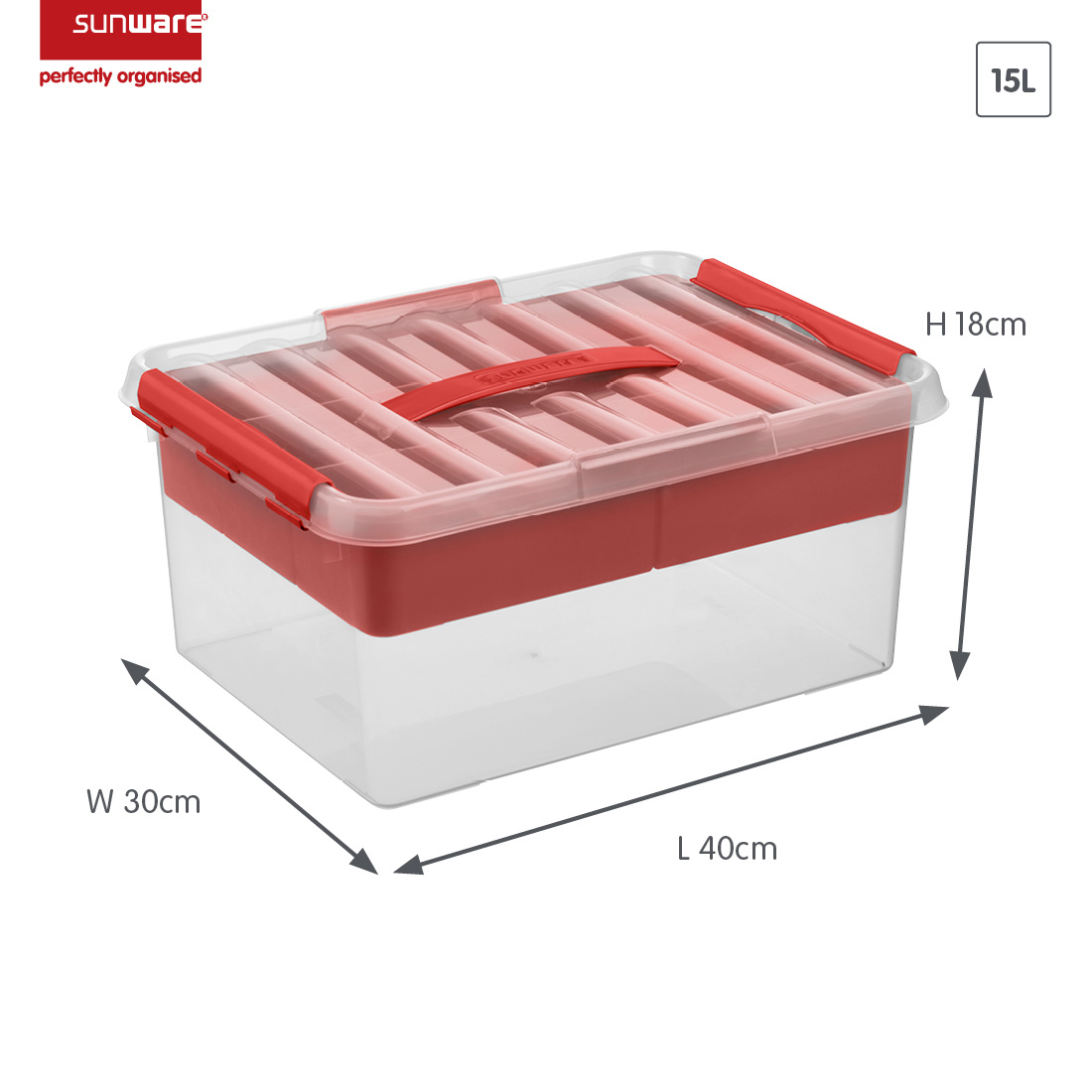 Q-line storage box with tray 15L transparent red