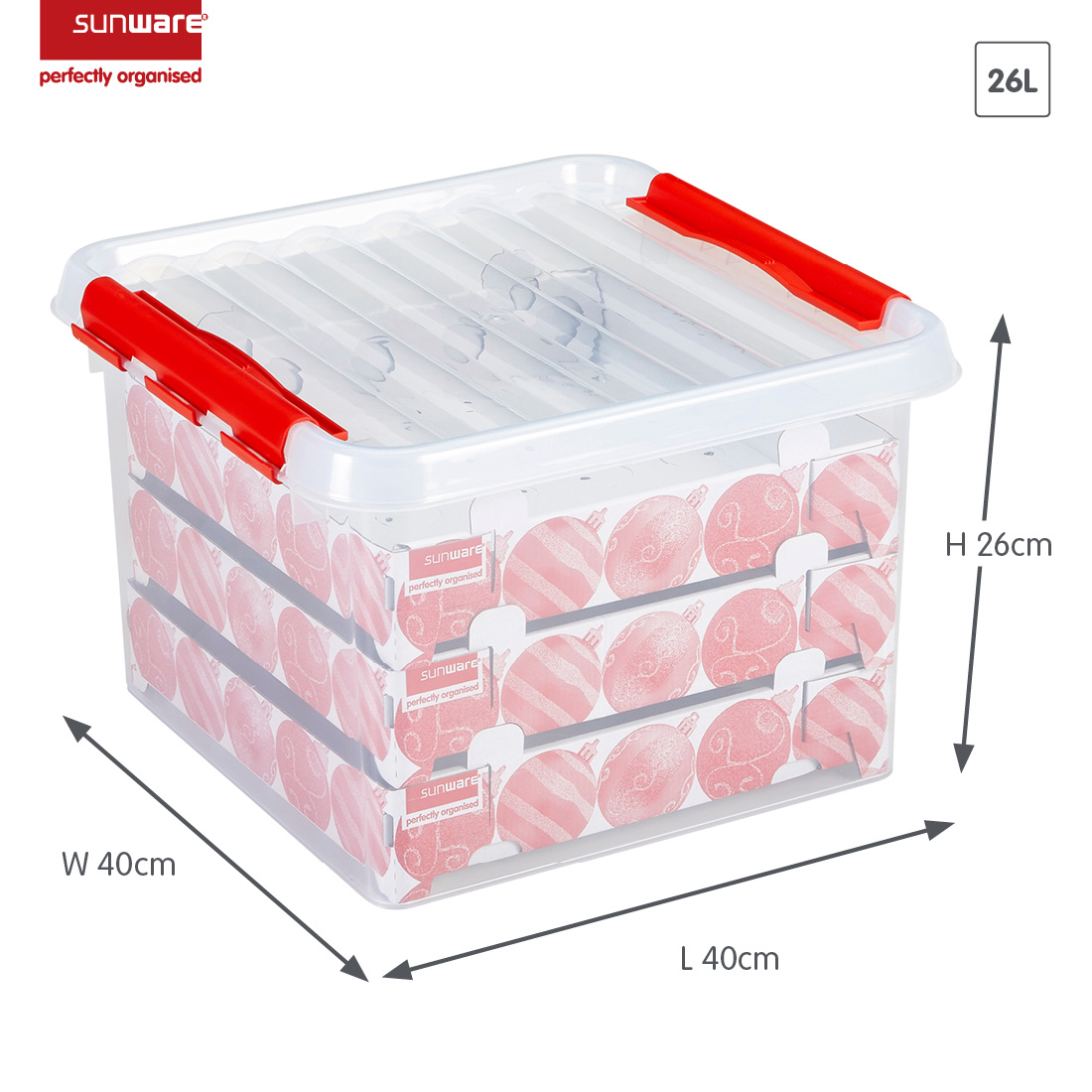 Q-line kerst opbergbox 26L met trays voor 75 kerstballen transparant rood