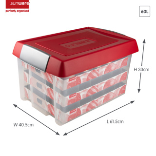 Nesta kerst opbergbox 60L met trays voor 60 kerstballen transparant rood