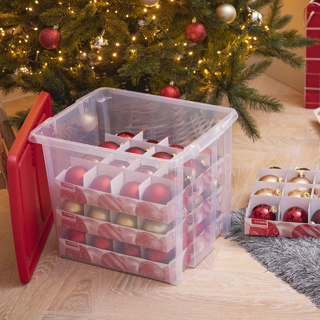 Nesta kerst opbergbox 45L met trays voor 64 ballen transparant rood
