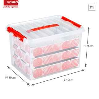 Q-line boîte de rangement Noël 22L avec insert pour 60 boules transparent rouge
