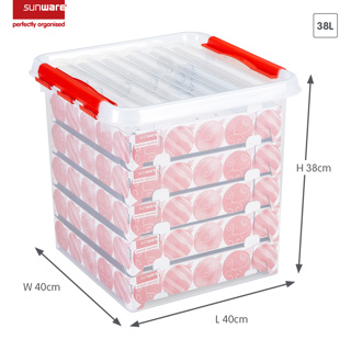 Q-line boîte de rangement Noël 38L avec insert pour 125 boules transparent rouge