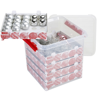Q-line kerst opbergbox 38L met trays voor 125 kerstballen transparant rood
