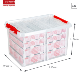 Q-line kerst opbergbox 62L met trays voor 116 kerstballen transparant rood