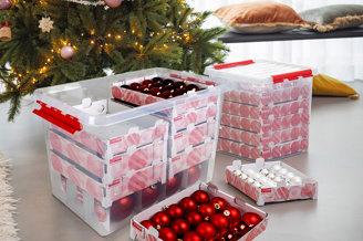 Q-line boîte de rangement Noël 72L avec insert pour 128 boules transparent  rouge